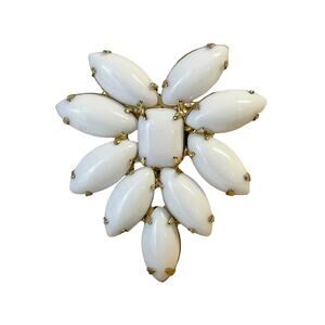 1960s Gold Plate White Milk Glass Navette & Rectangle Cabochons Flower Pin